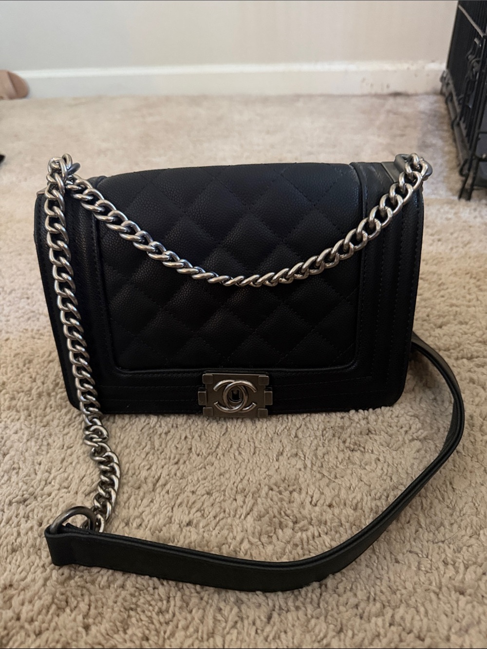 Black Quilted Chain Shoulder Bag with Silver Hardware